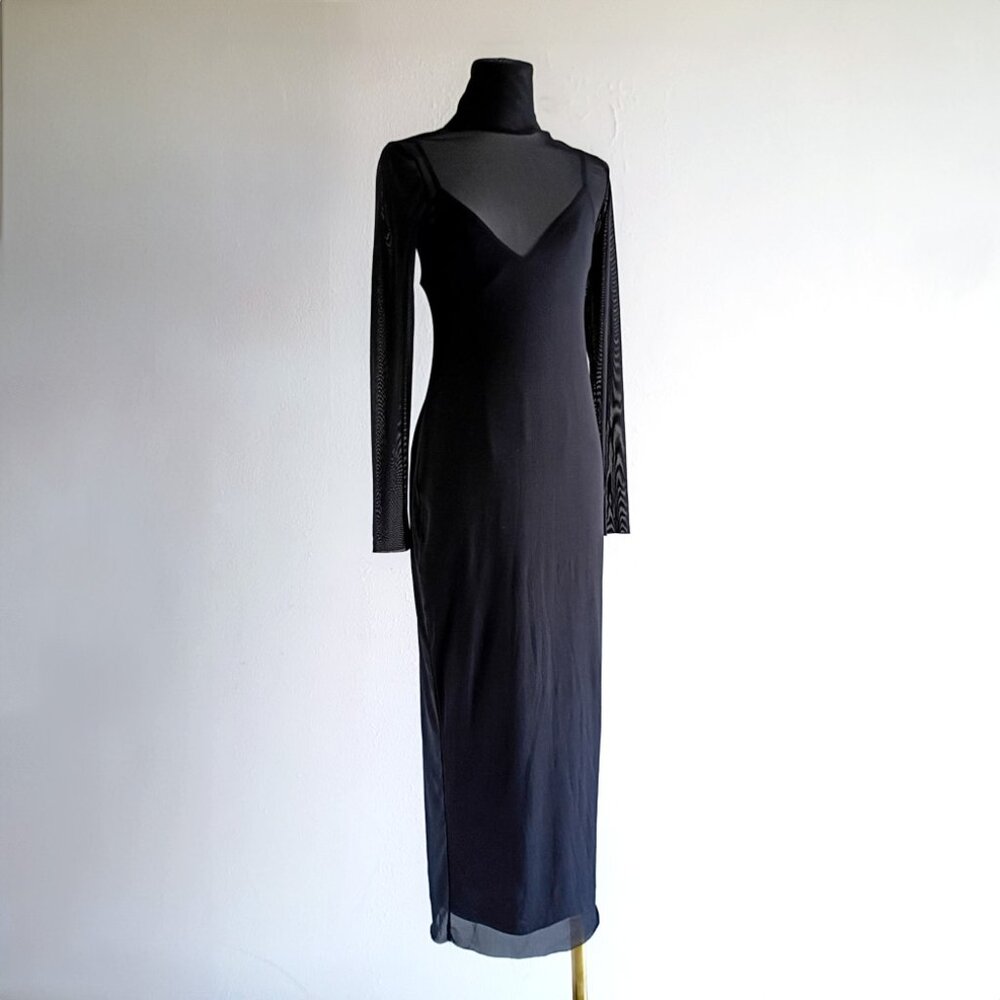 AFRM Los Angeles Black Sheer Long Sleeve Maxi Dress Mesh Bodycon